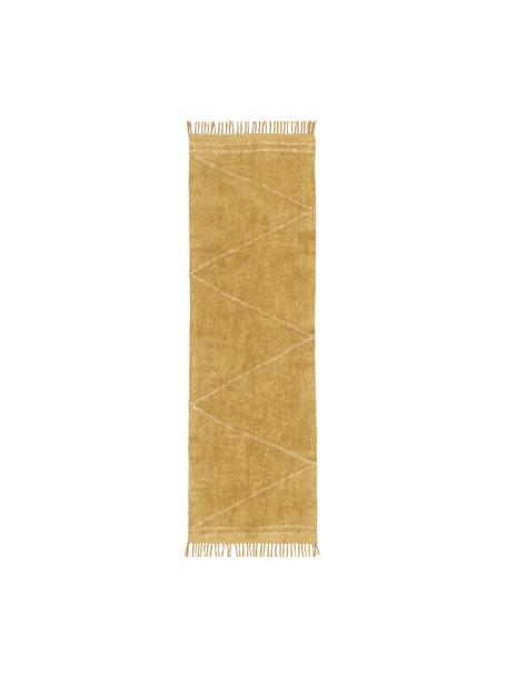 Ručně tkaný bavlněný běhoun s klikatým vzorem a třásněmi Asisa, Žlutá, Š 80 cm, D 250 cm