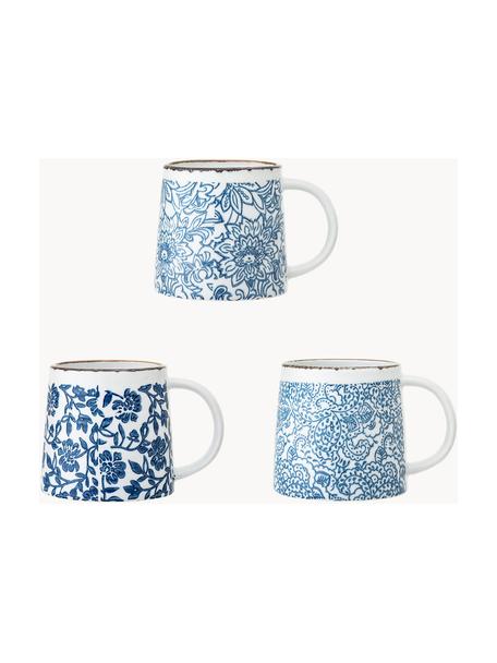 Set de tazas artesanales Mole, 3 uds., Cerámica de gres, Blanco, tonos azules, Ø 10 x Al 10 cm, 400 ml