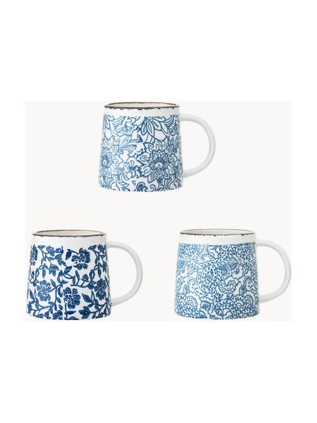 Tasses artisanales avec motif floral Molly, 3 élém., Grès cérame, Blanc, tons bleus, Ø 10 x haut. 10 cm, 400 ml