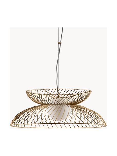 Lampada a sospensione grande con luce regolabile Cage, Paralume: vetro, Struttura: metallo rivestito, Bianco, dorato, Ø 62 x Alt. 122 cm