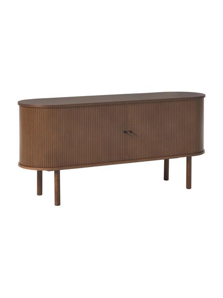 Credenza con fronte scanalato Calary, Gambe: legno massiccio di querci, Maniglie: metallo spazzolato, Legno effetto noce, Larg. 160 x Alt. 75 cm