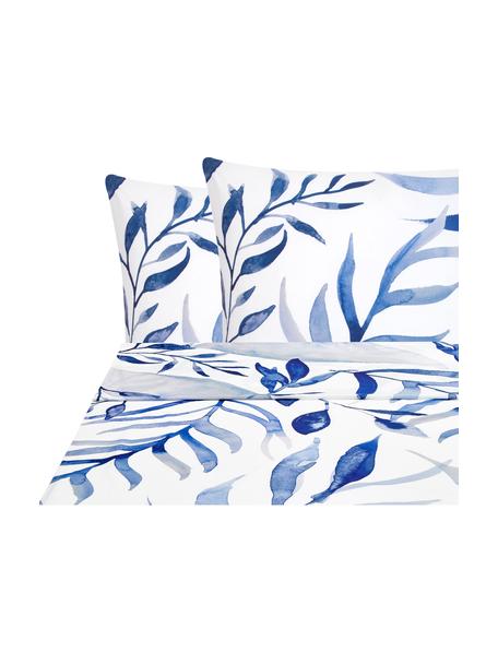 Drap plat en percale de coton Francine, Endroit : bleu, blanc Envers : blanc, 180 x 300 cm