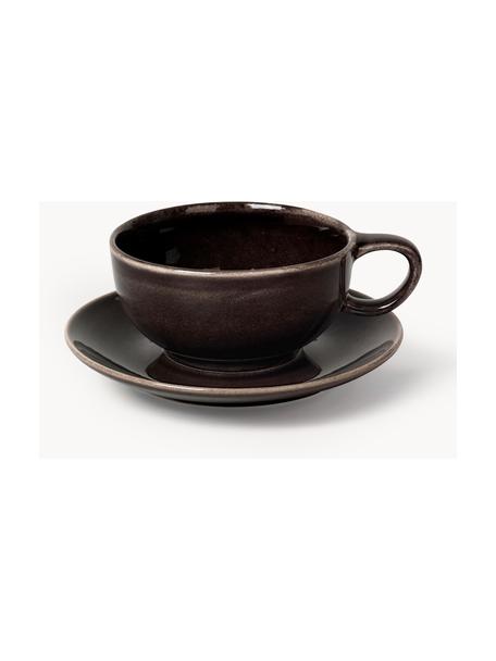 Handgemachte Teetasse mit Untertasse Nordic Coal, Steingut, Schwarz, gesprenkelt, Ø 11 x H 5 cm, 250 ml