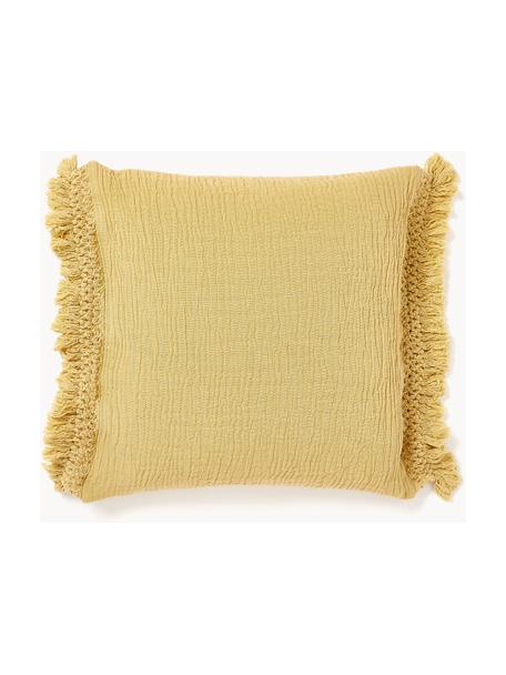 Copricuscino in cotone con frange Piera, 100% cotone, Giallo senape, Larg. 45 x Lung. 45 cm