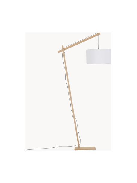 Scandi leeslamp Woody, Lampenkap: katoenmix, Lampvoet: metaal met houtfineer, Wit, lichtbruin, B 81 x H 166 cm