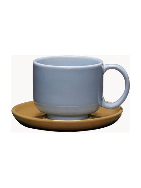 Handgefertigte Tassen Amare mit Untertellern, 2 Stück, Steinpulver, Hellblau, Senfgelb, Ø 9 x H 6 cm, 200 ml