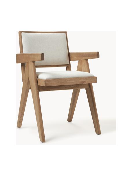 Silla tapizada con reposabrazos Sissi, Tapizado: 100% poliéster Alta resis, Estructura: madera de roble, Asiento: contrachapado de madera d, Tejido blanco crema, madera de roble clara, An 58 x F 52 cm