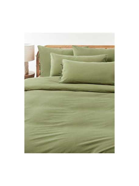 Housse de couette en percale de coton délavé Leonie, Vert olive, larg. 140 x long. 200 cm