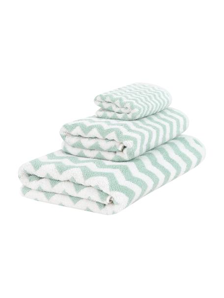 Lot de serviettes de bain imprimé zigzag Liv, 3 élém., 100 % coton
Grammage intermédiaire 550 g/m², Vert menthe, blanc crème, Lot de différentes tailles