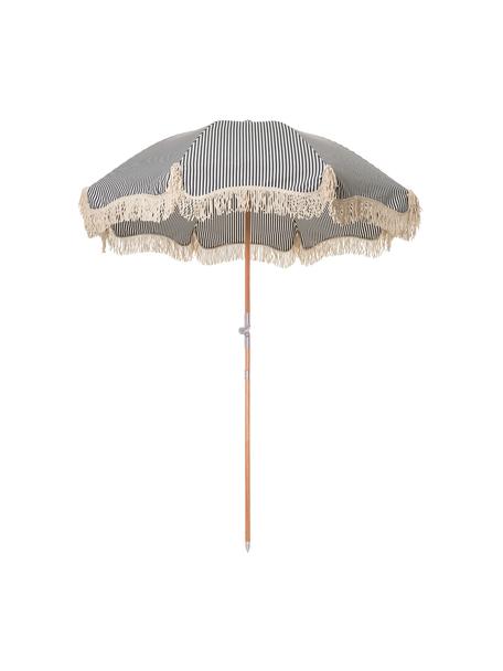 Parasol Retro met franjes, knikbaar, Frame: gelamineerd hout, Franjes: katoen, Donkerblauw, crèmewit, Ø 180 x H 230 cm