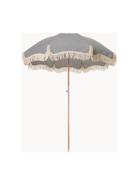 Sonnenschirm Retro mit Fransen, abknickbar, Gestell: Holz, laminiert, Fransen: Baumwolle, Dunkelblau, Cremeweiss, Ø 180 x H 230 cm