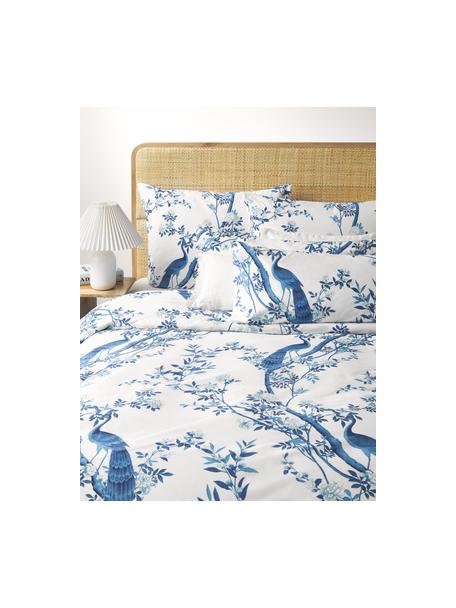 Funda nórdica de percal Annabelle, Blanco, azul, Cama 90 cm (155 x 220 cm)