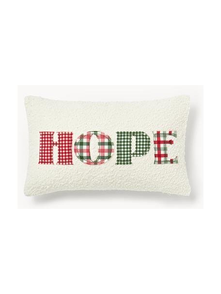 Housse de coussin en bouclette Lysander, Bouclette (90 % polyester, 10 % acrylique), Blanc cassé avec impression Hope, larg. 30 x long. 50 cm