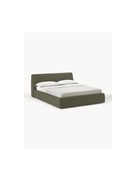 Cama tapizada Cloud, con espacio de almacenamiento, Tapizado: tejido finamente texturiz, Estructura: madera de pino maciza con, Tejido verde oliva, An 140 x L 200 cm