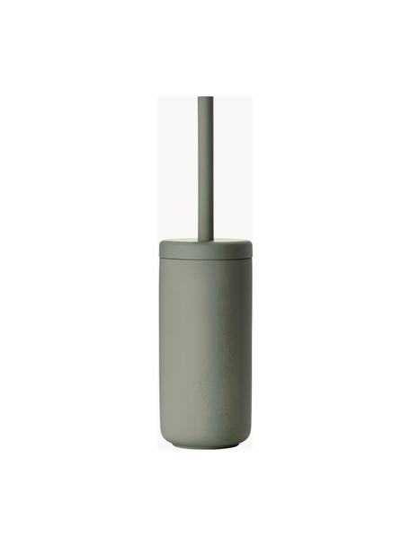 Scopino wc con contenitore in gres Omega, Contenitore: gres con superficie soft-, Manico: plastica, Verde oliva, Ø 10 x Alt. 39 cm