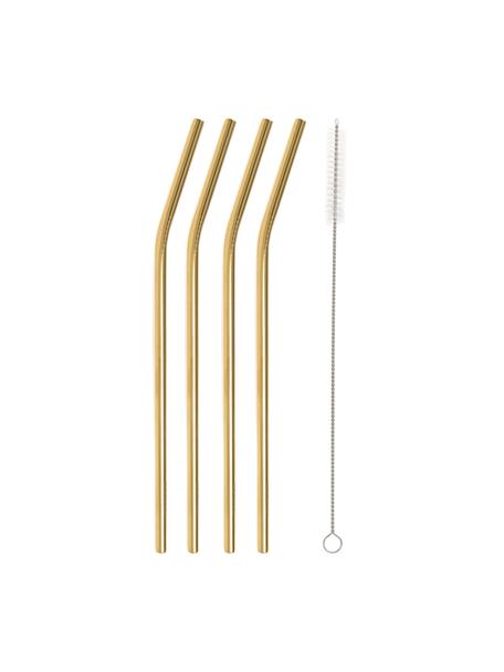 Rietjesset Shine in goudkleur met borstel, 4-delig, Rietje: roestvrijstaal, Goudkleurig, L 23 cm