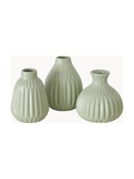 Kleine Vasen Esko aus Porzellan, 3er-Set, Porzellan, Salbeigrün, Set mit verschiedenen Größen
