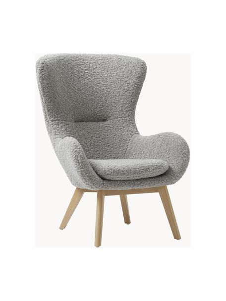 Fauteuil à oreilles en peluche pieds en bois Wing, Peluche gris, larg. 77 x prof. 89 cm
