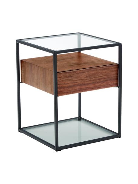 Tavolino con cassetto Helix, Struttura: metallo verniciato a polv, Base e piano d'appoggio: vetro, Trasparente, nero, legno d'acacia, Larg. 45 x Alt. 54 cm