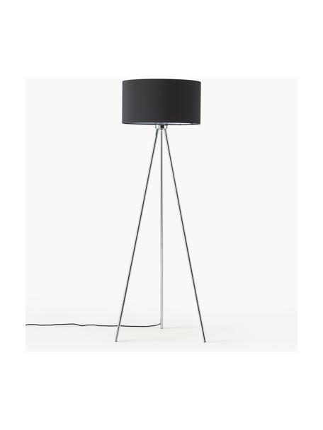 Tripod vloerlamp Cella met stoffen lampenkap, Lampenkap: katoenmix, Lampvoet: gepoedercoat metaal, Zwart, chroomkleurig, H 147cm