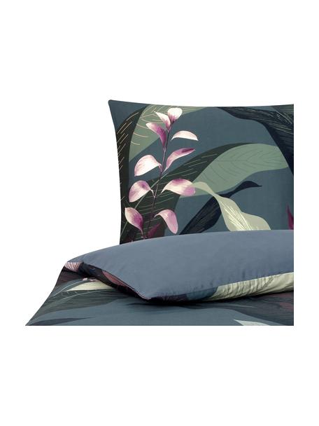 Housse de couette en satin de coton Flora, Gris foncé, motif botanique, larg. 140 x long. 200 cm