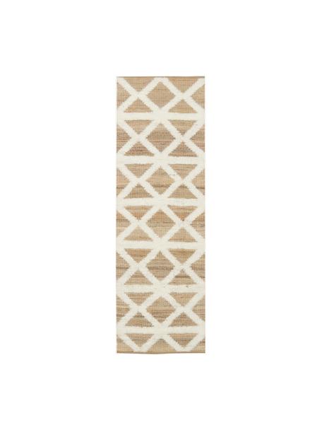 Handgeweven jute loper Malea, 57% jute, 35% wol, 7% katoen, Beige, crèmewit, B 80 x L 250 cm
