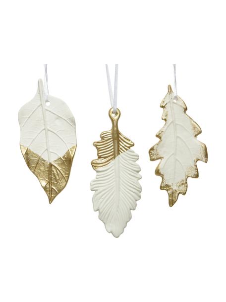 Adornos para colgar hojas Leaves, 3 uds., Figura: porcelana, Blanco, dorado, An 4 x Al 13 cm