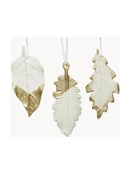 Adornos para colgar hojas Leaves, 3 uds., Figura: porcelana, Blanco, dorado, An 4 x Al 13 cm