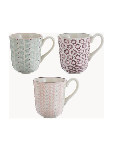 Tasses maison de campagne Maya, 3 élém., Grès cérame, Blanc cassé, mauve, vert sauge, rose pâle, Ø 9 x haut. 10 cm, 360 ml