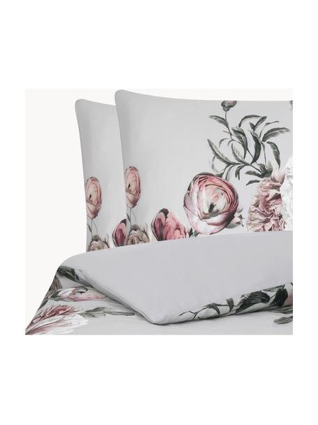 Katoensatijnen dekbedovertrek Blossom, Weeftechniek: satijn Draaddichtheid 210, Grijs, met bloemenprint, 240 x 220 cm + 2 kussenhoezen 60 x 70 cm