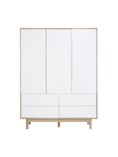 Kleiderschrank Cassy, 3-türig, Beine: Eichenholz, massiv, Helles Holz, Weiss, B 148 x H 195 cm