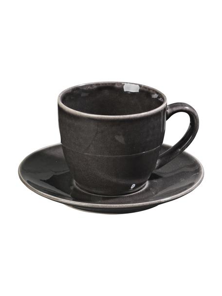 Handgemaakte koffietas Nordic Coal met schoteltje van keramiek, Keramiek, Bruintinten, Ø 8 x H 9 cm, 150 ml