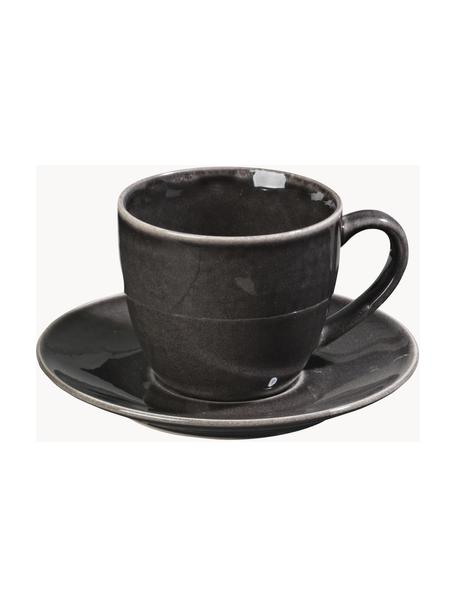 Taza con platillo artesanal Nordic Coal, Cerámica de gres, Negro jaspeado, Ø 8 x Al 9 cm, 150 ml