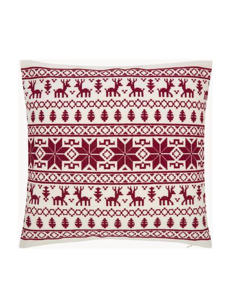 Funda de cojín bordada invernal Orkney, 100% algodón, Rojo, blanco crema, An 45 x L 45 cm