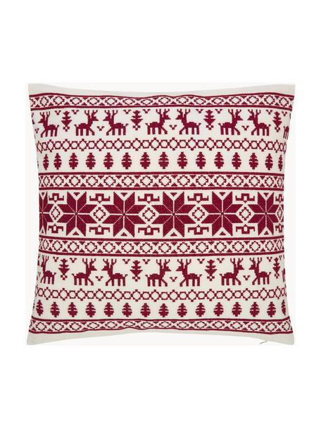 Housse de coussin 45x45 brodée à motif norvégien Orkney, 100 % coton, Rouge, blanc crème, larg. 45 x long. 45 cm