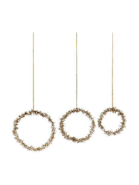 Decoratieve hangersset Laurel, 3-delig, Polystyreen, kunststof, metaal, hout, Goudkleurig, Set met verschillende formaten