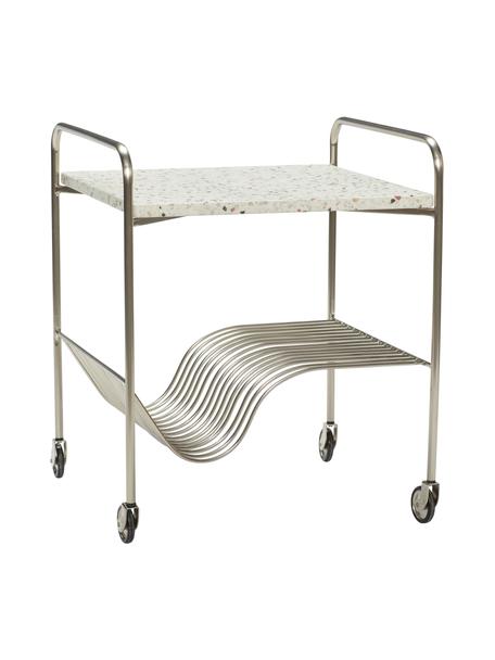 Wózek barowy z metalu i lastryko Wave, Blat: lastriko, Stelaż: metal niklowany, Biały, odcienie srebrnego, S 50 x W 51 cm