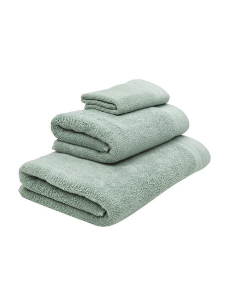 Set 3 asciugamani in cotone organico Premium, 100% cotone organico certificato GOTS (da GCL International, GCL-300517).
Qualità pesante, 600 g/m², Verde salvia, Set in varie misure