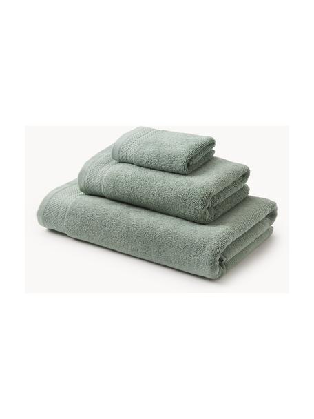 Set de toallas de algodón ecológico Premium, 100% algodón ecológico con certificado GOTS (por GCL International, GCL-300517)
Gramaje superior 600 g/m², Verde salvia, Set de 3 (toalla tocador, toalla lavabo y toalla ducha)
