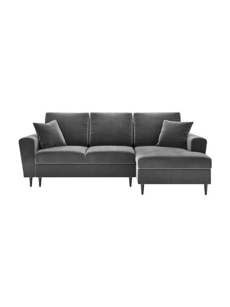 Zamatová rohová pohovka na spanie s úložným priestorom Moghan (3-miestna), Zamatová sivá, čierna, Š 241 x H 145 cm (pravé rohové prevedenie)