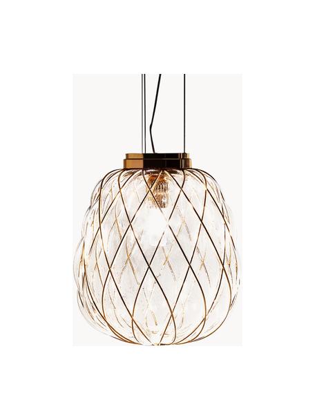 Handgemaakte hanglamp Pinecone, Lampenkap: glas, gegalvaniseerd meta, Decoratie: gegalvaniseerd metaal, Transparant, goudkleurig, Ø 30 x H 250 cm
