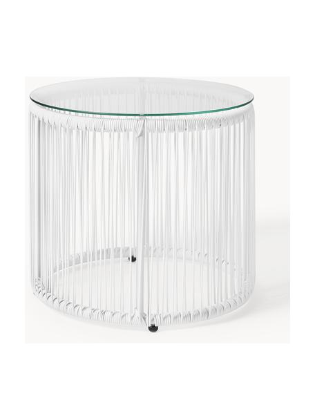 Stolik pomocniczy ze splotu z tworzywa sztucznego Bahia, Blat: szkło, Stelaż: aluminium malowane proszk, Biały, Ø 50 x W 45 cm