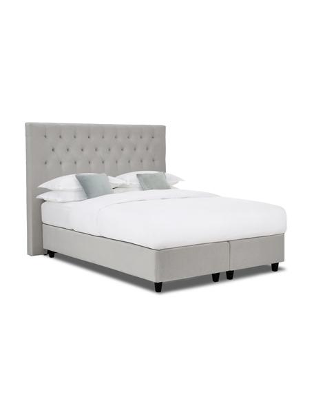 Premium fluwelen boxspringbed Phoebe, Matras: 5-zones pocketvering, Poten: massief gelakt berkenhout, Fluweel grijs, 200 x 200 cm, hardheidsgraad 3