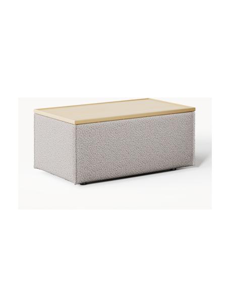 Sofa-Hocker Lennon aus Bouclé mit Stauraum, Bezug: Bouclé (80 % Polyester, 2, Tablett: Eichenholz, Spannplatte m, Gestell: Spanplatte, mitteldichte , Bouclé Taupe, helles Eichenholz, B 88 x T 50 cm