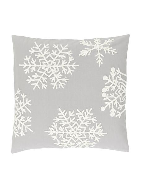 Bestickte Kissenhülle Snowflake in Grau, 100% Baumwolle, Grau, 45 x 45 cm