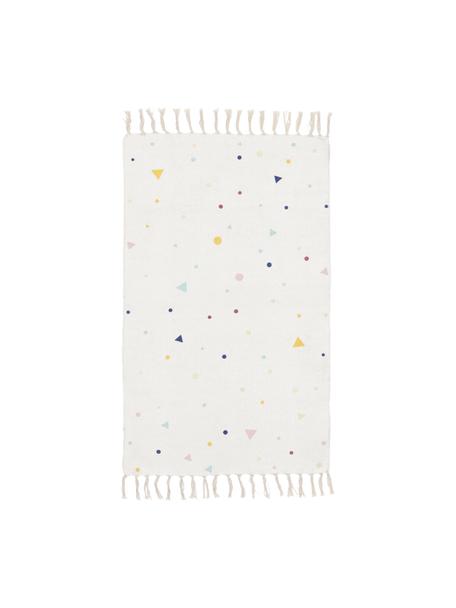 Katoenen vloerkleed Tainka met gekleurd patroon en franjes, 95% katoen, 5% polyester, Wit blauw, geel, roze, B 65 x L 110 cm (maat XS)