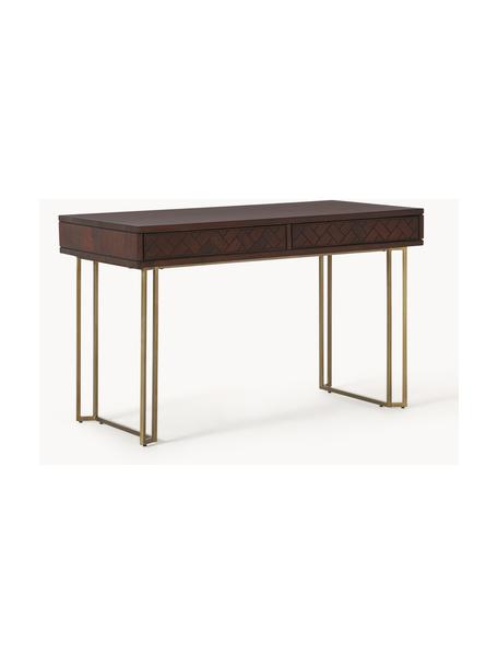 Bureau Luca van mangohout met lades, Tafelblad: massief mangohout, gebors, Frame: gepoedercoat metaal, Mangohout, donkerbruin gelakt, L 125 x B 60 cm