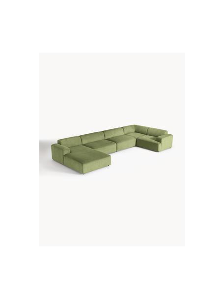Divano angolare XL in velluto a coste Melva, Rivestimento: velluto a coste (92% poli, Struttura: legno massiccio di pino e, Piedini: plastica, Velluto a coste verde oliva, Larg. 458 x Prof. 220 cm, chaise-longue a destra