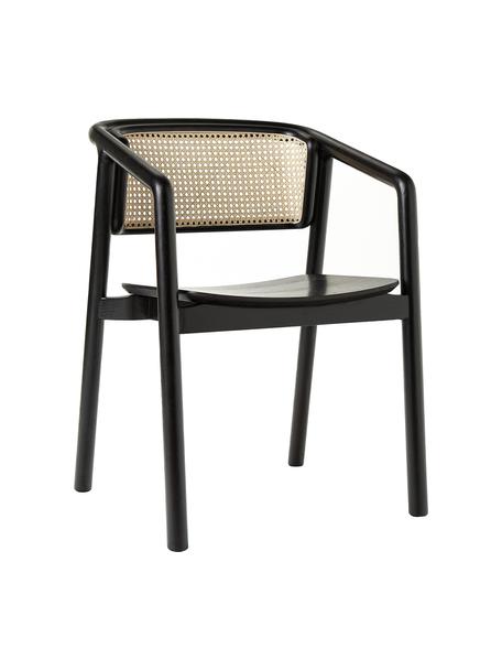 Chaise à accoudoirs noire cannage Gali, Bois de frêne noir laqué, rotin, larg. 56 x prof. 55 cm