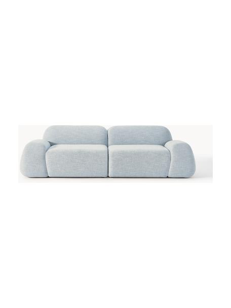 Divano componibile 3 posti in bouclé Wolke, Rivestimento: bouclé (96% poliestere, 4, Piedini: plastica Questo prodotto , Bouclé azzurro, Larg. 256 x Prof. 118 cm